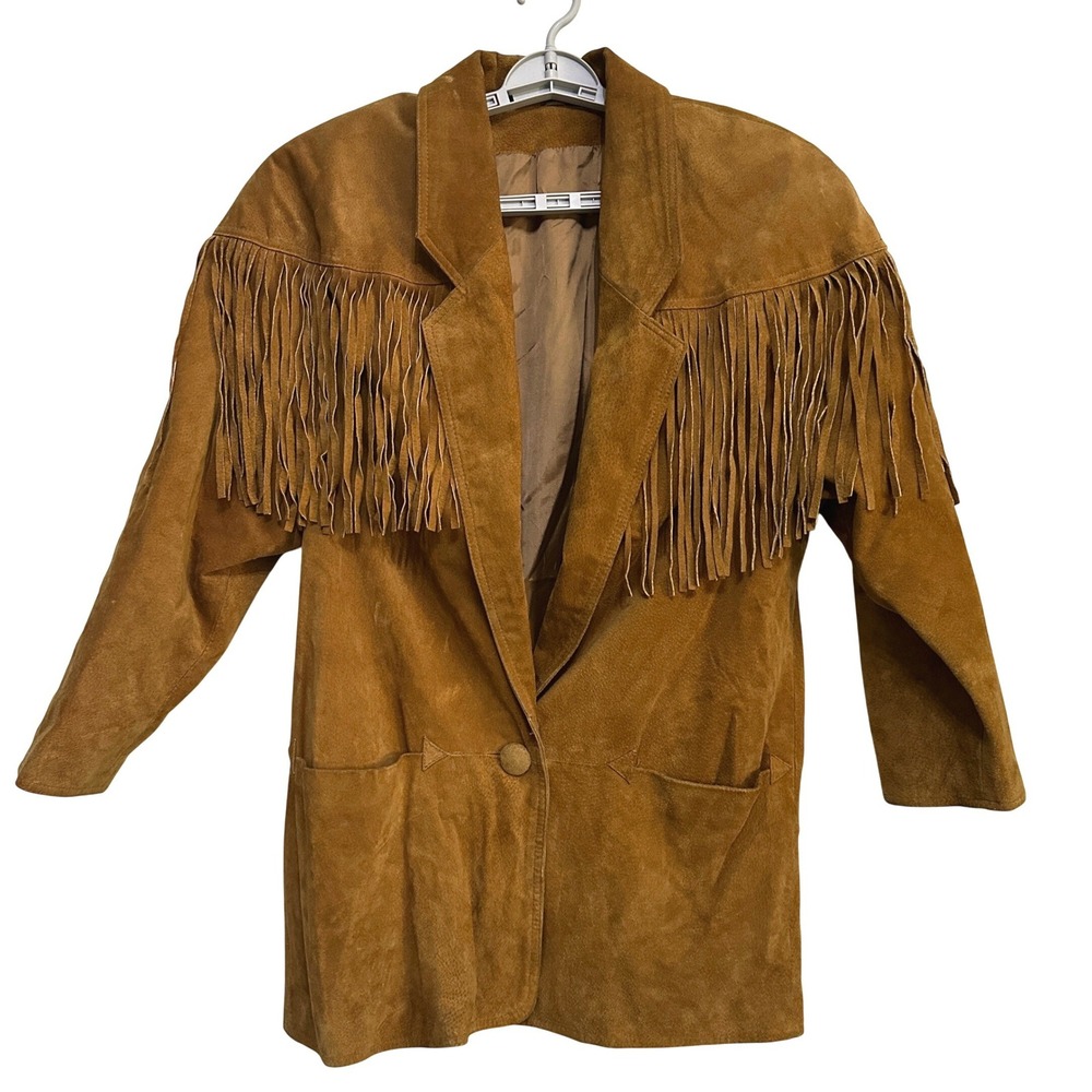 Vintage Suede Fringe Jacket S Tan Brown Western Boho Cowgirl Woodstock Festival